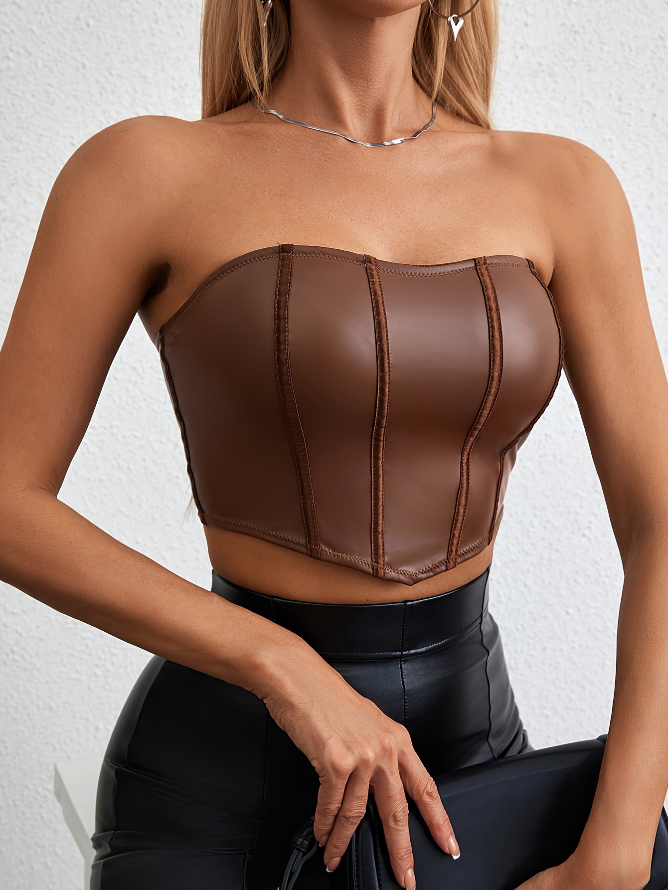 Womens Leather Crop Tube Tops Black Sleeveless Strapless Pu Solid