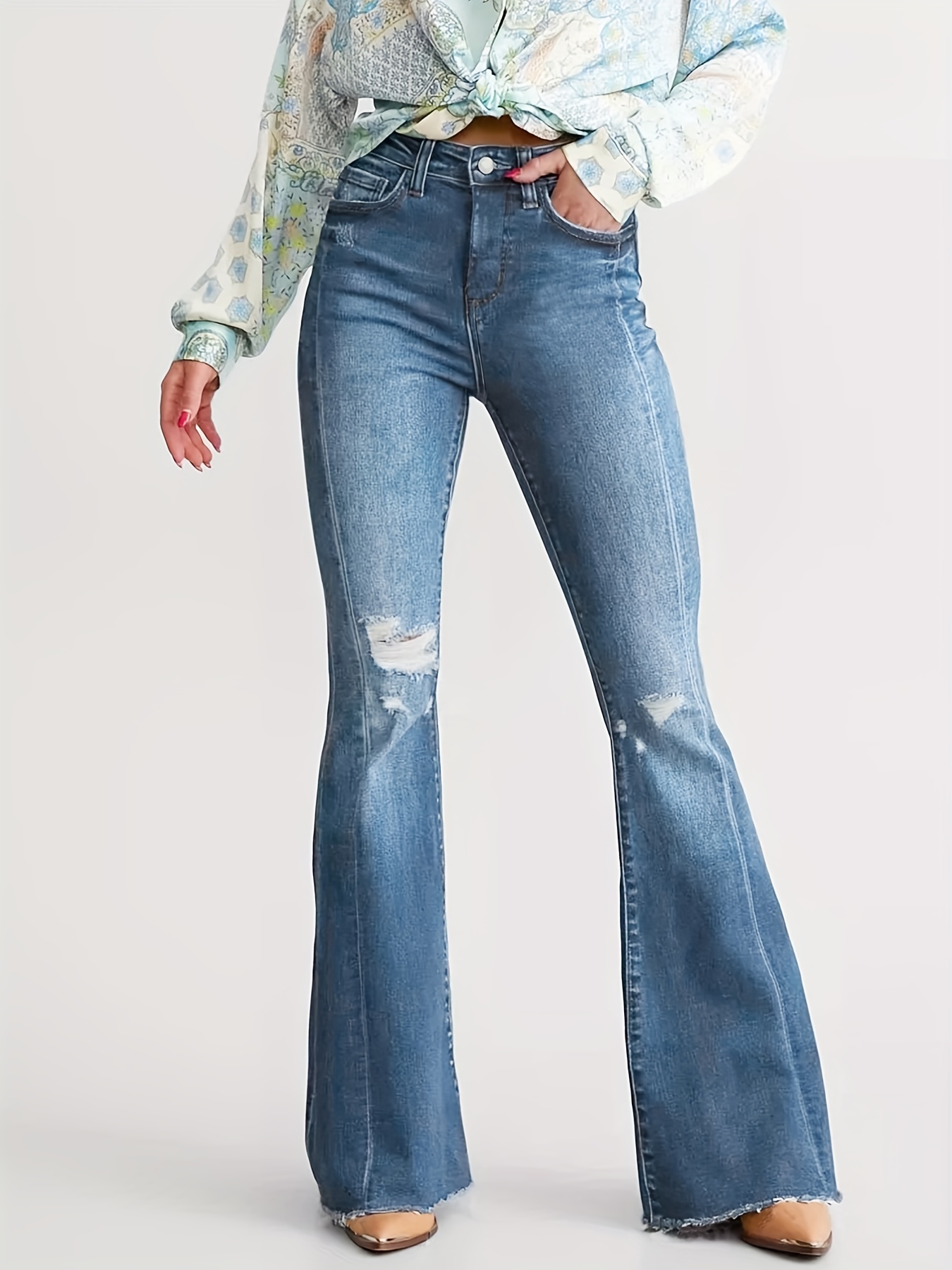 Ripped Raw Hem Stretchy Flare Leg Jeans, High Rise Whiskering Bell Bottoms  Vintage Y2k Denim Pants, Women's Denim Jeans & Clothing