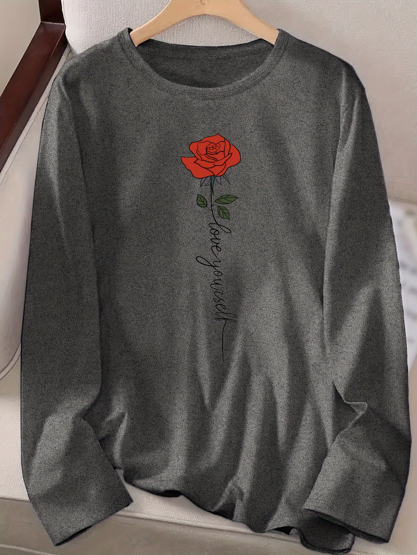Rose Print Crew Neck T shirt Casual Long Sleeve T shirt - Temu Canada