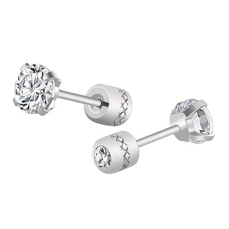 

Titanium Steel Four-jaw Double Zircon Stud Earrings, Clean Simple Elegant Jewelry Small Daily Wear (1 Pair)