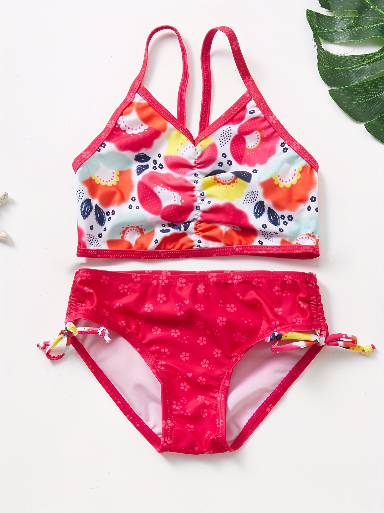 Girl's Bikini Swimsuit Cami Top Briefs Floral Print Stretchy - Temu