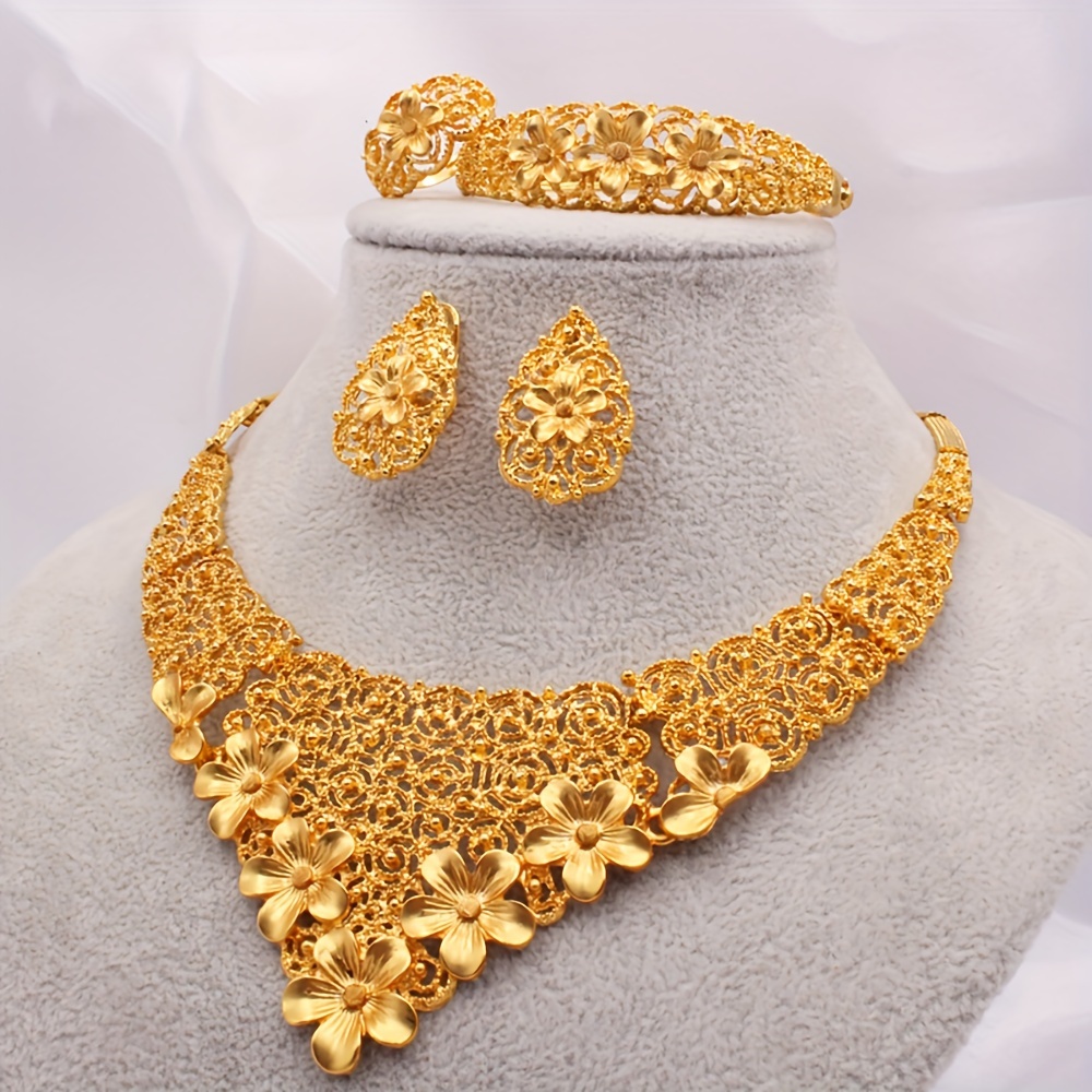 24k gold plated jewelry set 5pcs set 1 necklace 1 bracelet 1 ring 2 earrings   dubai ladies wedding jewelry set european and african bride wedding jewelry set necklace bracelet earrings ring   set     details 0