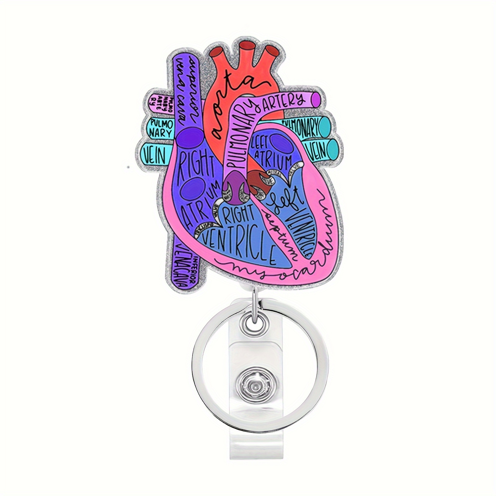 1pc Retractable Nurse Badge Reel Holder Keychain with Key Ring, ID Badge Holder, Cute Heart Anatomy ID Clip for Nurse Doctor, Alligator Clip Badge