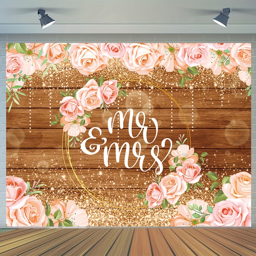 

1pc, Mr. And Mrs. Photography Backdrop, Vinyl Rose Flower Vintage Wooden Background Wall Bridal Shower Engagement Banner Photo Studio Decoration Props 82.6x59.0 Inches/94.4x70.8 Inches