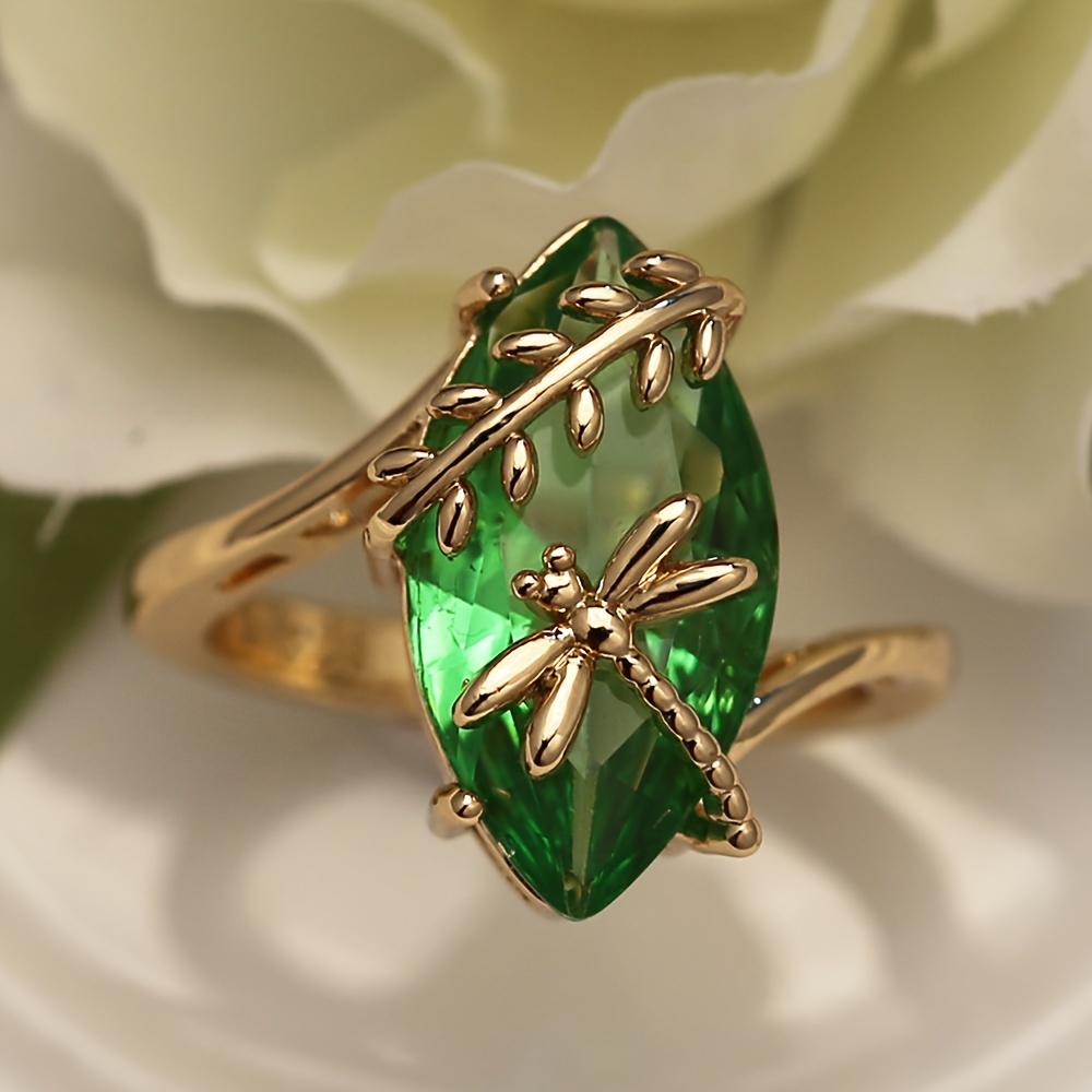 Oval Cut Green Zircon Ring Dragonfly Shaped Women's Ring
