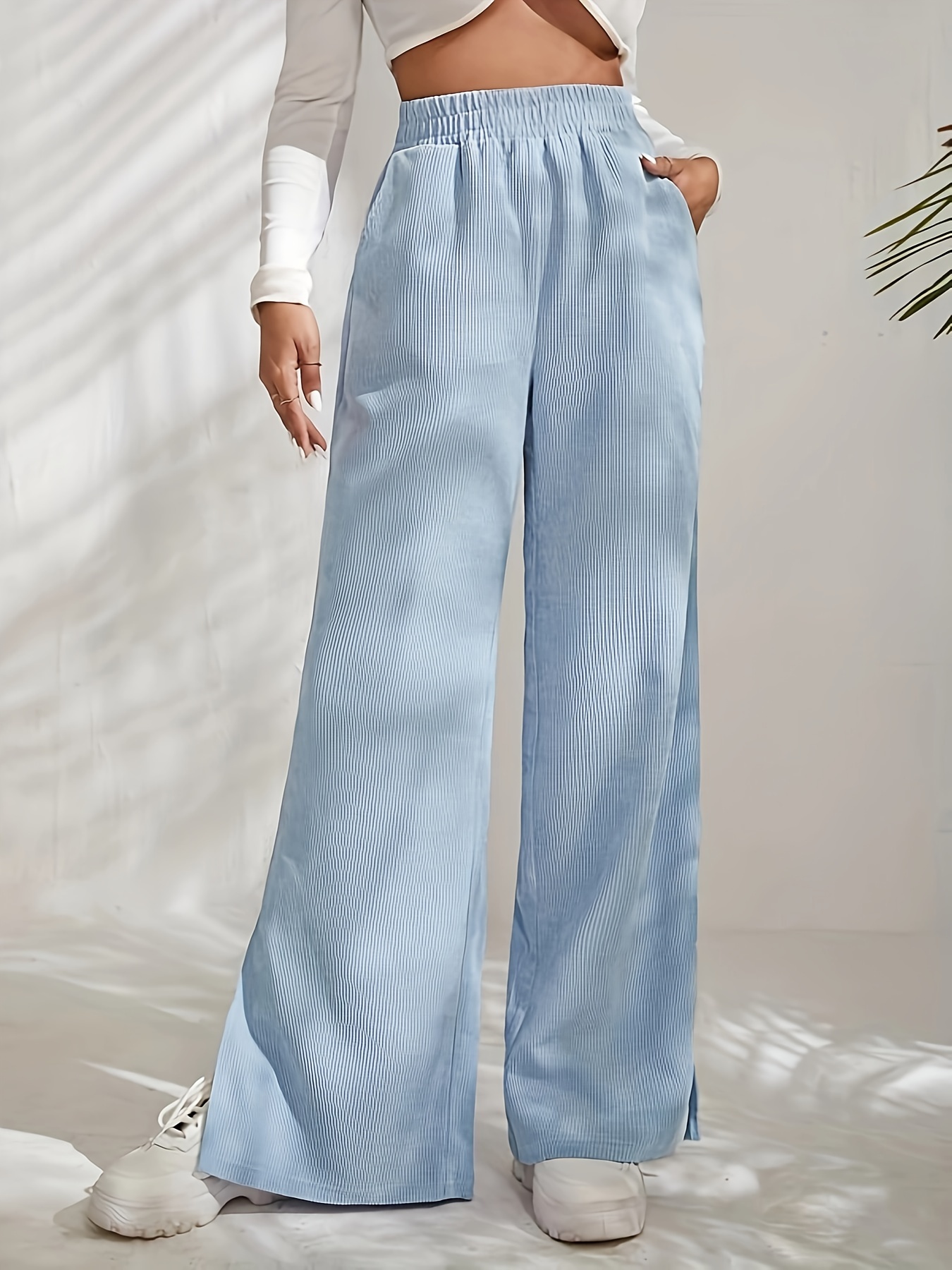 Solid Side Slit Pants, Casual Elastic Waist Pants For Spring & Fall,  Women's Clothing