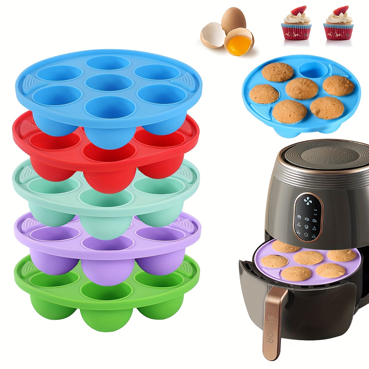 Silicone Egg Bite Mold, 7 Cavity Mini Cake Molds, Air Fryer Liners