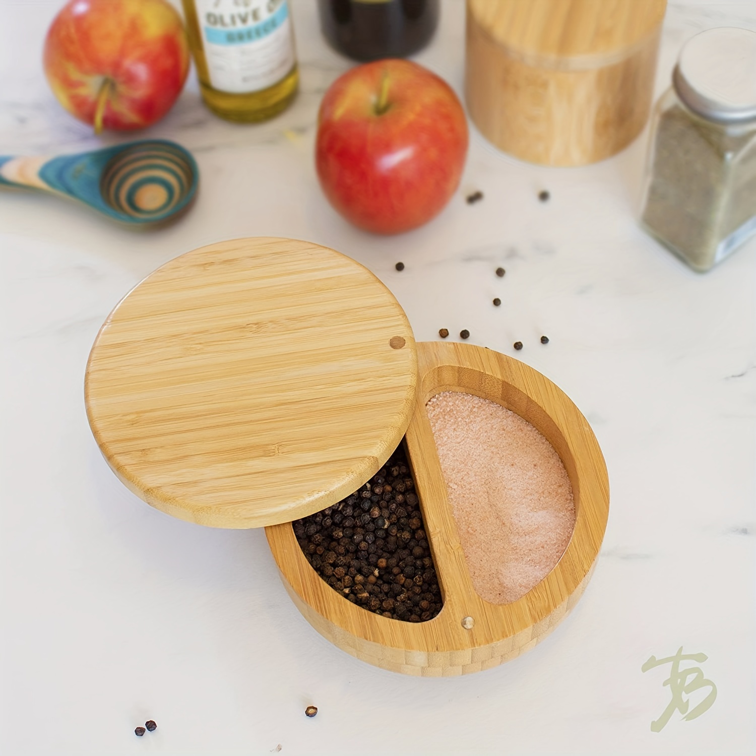 Bamboo Double Grid Round Seasoning Jar With Spoon Bamboo High Temperature  Carbonization Seasoning Box Salt Jar Kitchen Utensils Seasoning Bottle -  Temu