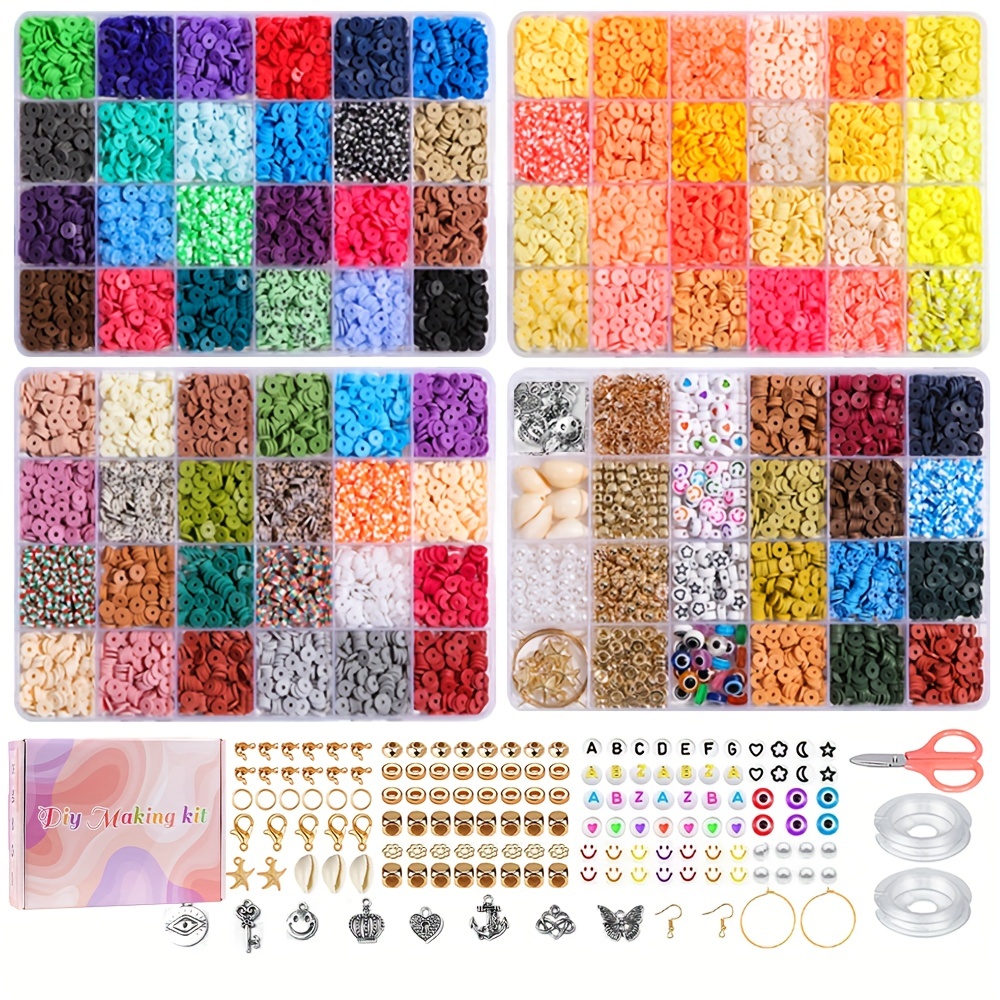 Quefe 5000pcs Clay Heishi Beads for Bracelet Jewelry Making, Polymer Flat Round Clay Beads Kit with 240pcs Letter Beads, Pendant Charms and Elastic