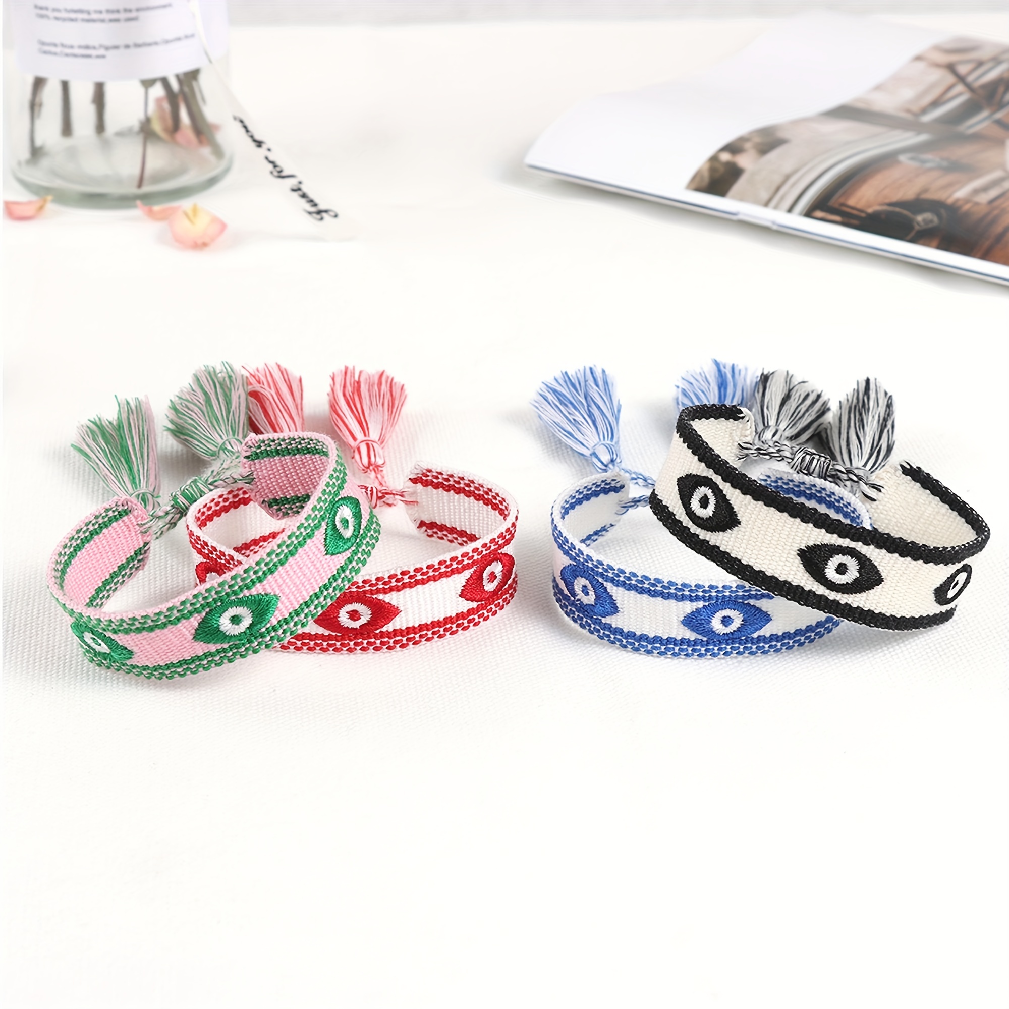 Multicolor Evil's Eyes Embroidered Tassel Bracelet, 10 Colors