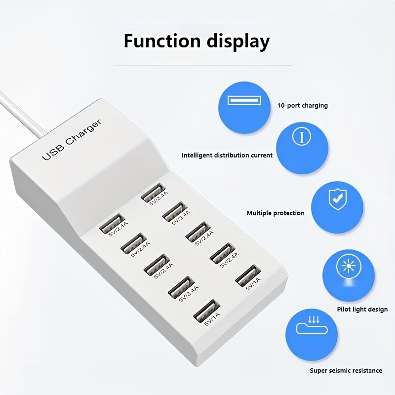  Cargador USB múltiple, estación de carga USB de 6 puertos para  múltiples dispositivos, teléfono, tableta, regleta de alimentación con  interruptor de encendido/apagado (blanco) : Todo lo demás