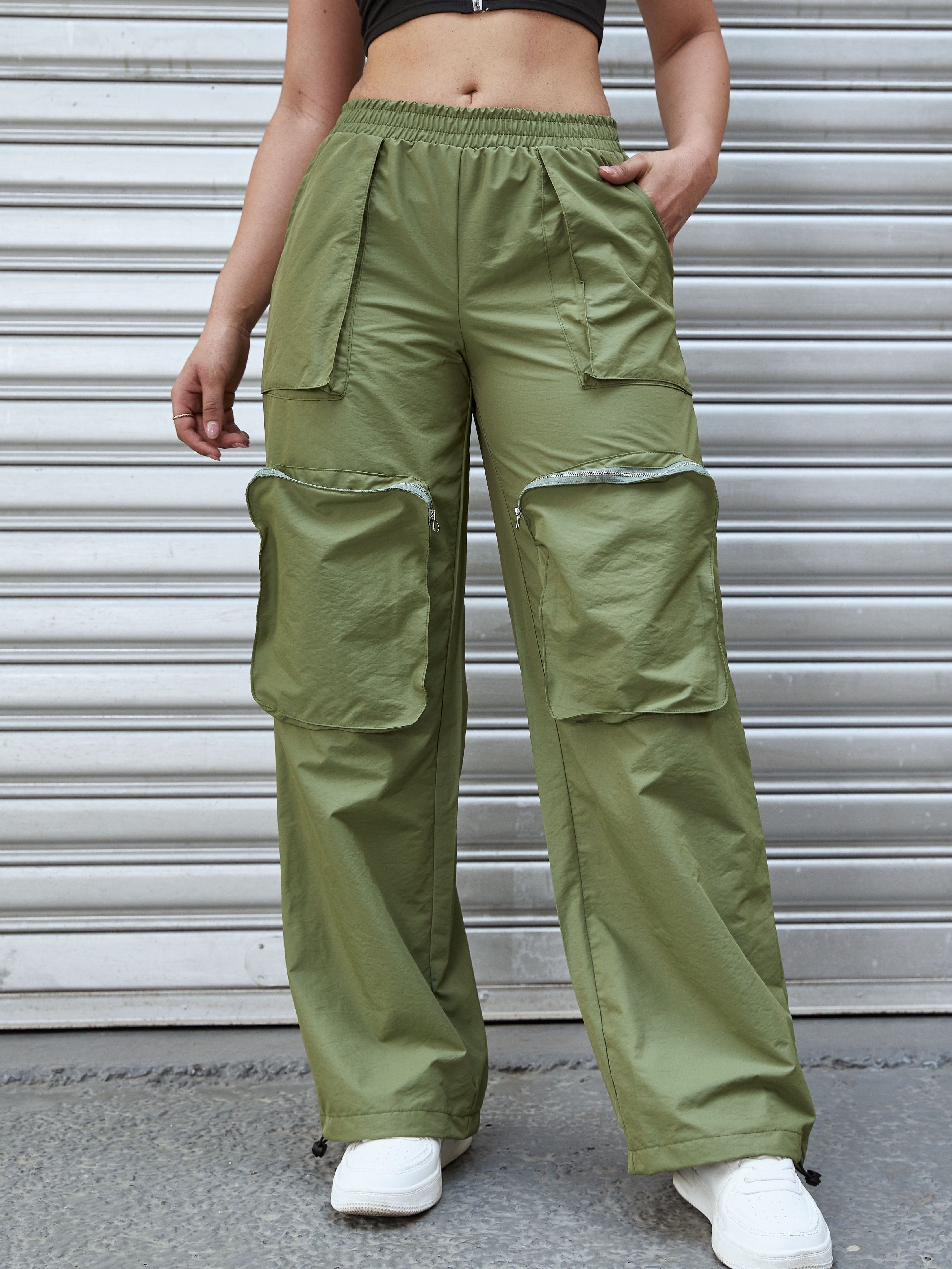 Solid Flap Pocket Loose Cargo Pants Casual Elastic Waist - Temu