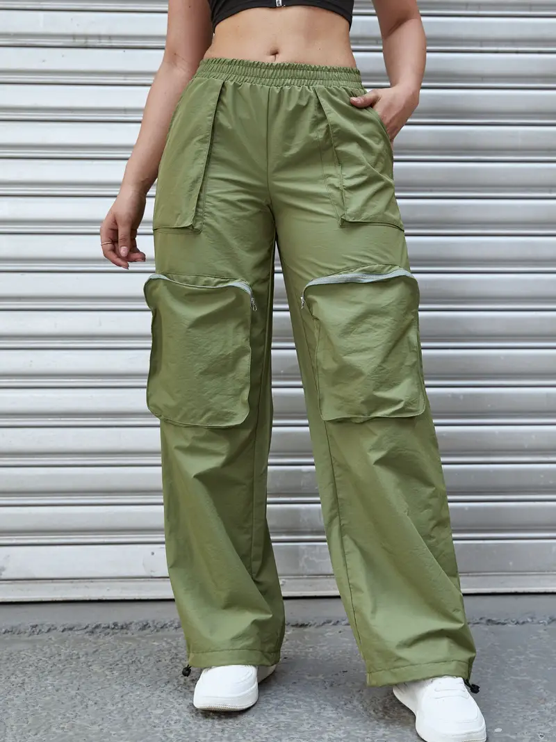 Solid Color Slant Pockets Cargo Pants Casual Loose Elastic - Temu