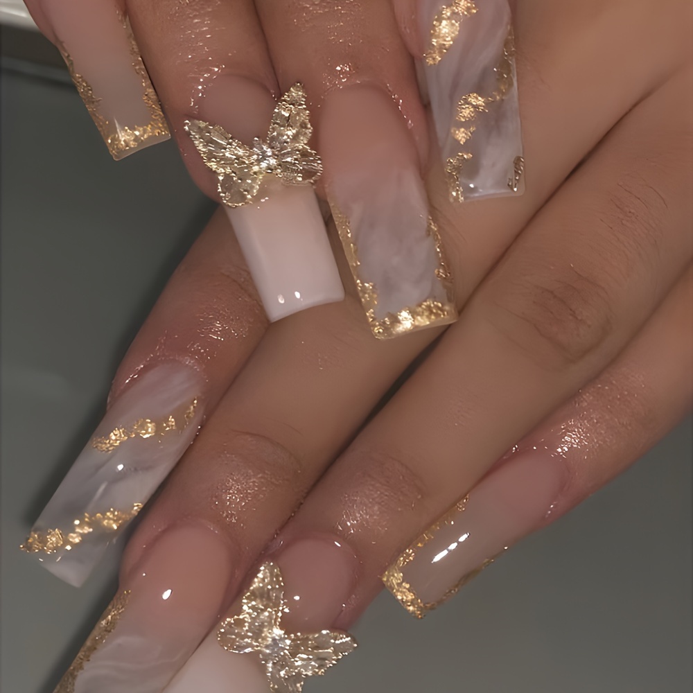 

A Set Of 24pcs, Type, Gentle Temperament Marble Golden Lines Glitter Gorgeous , Press-on Fake Nails, Including Jelly Glue And Nail File, Suitable For All Girls