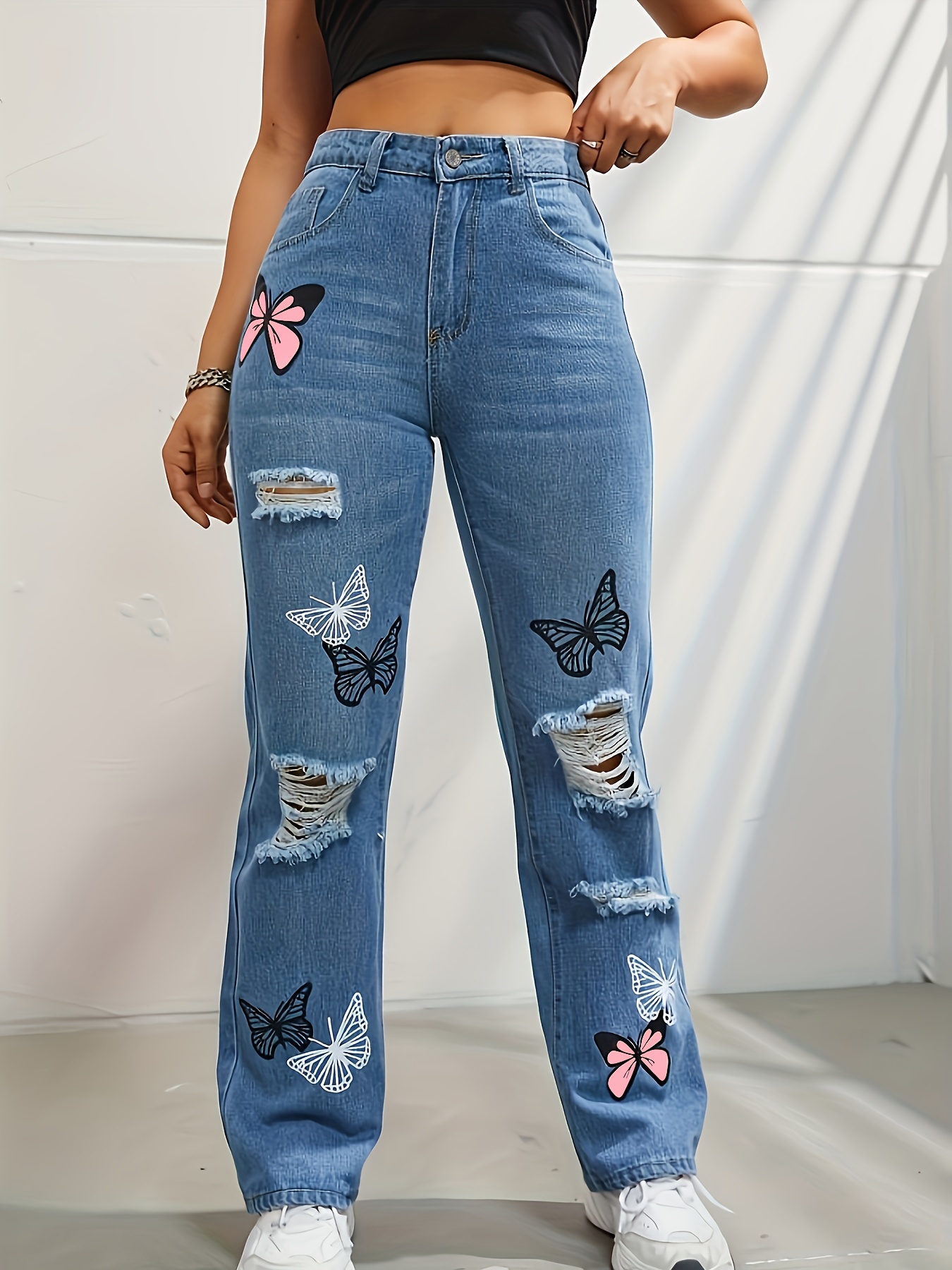 Blue Loose Fit Straight Jeans Butterfly Print Ripped Holes - Temu