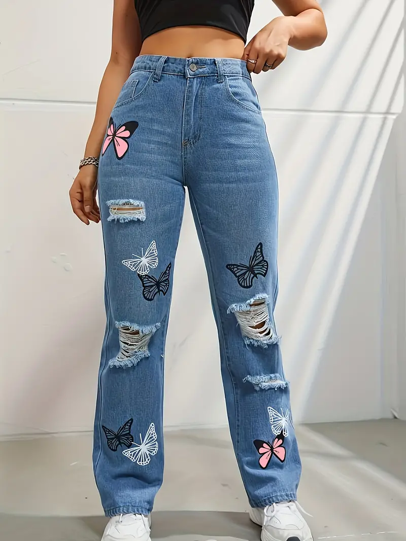 Blue Loose Fit Straight Jeans, Butterfly Print Ripped Holes Non-Stretch  Baggy Denim Pants, Women's Denim Jeans & Clothing
