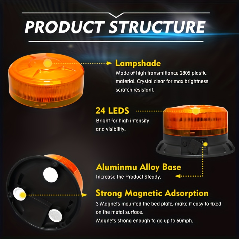 Amber Led Emergency Warning Beacon Light Waterproof Magnetic - Temu