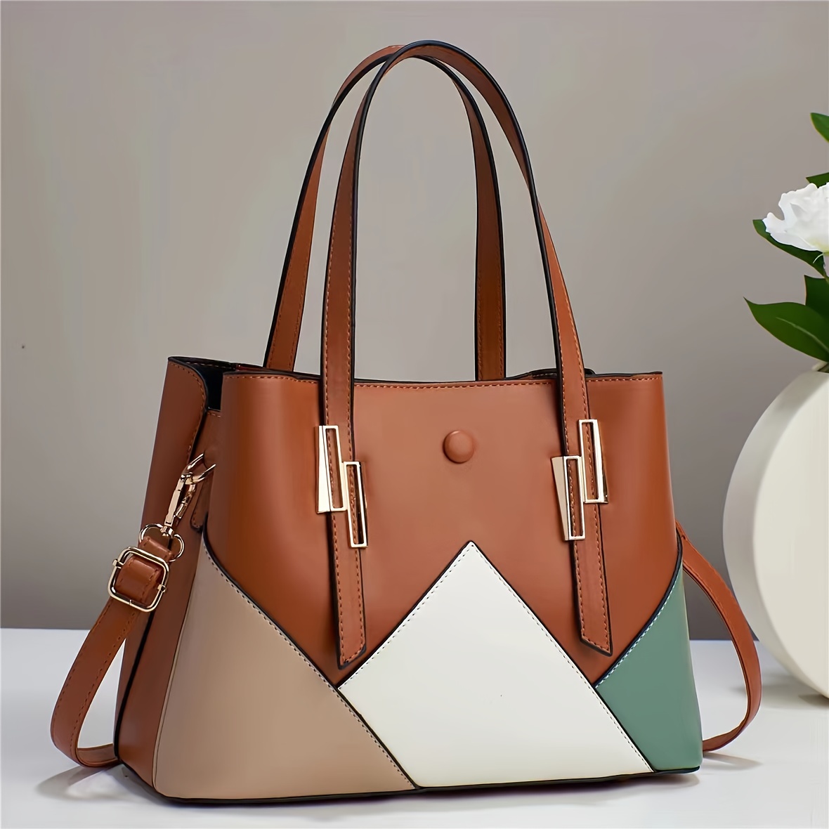 Bolsos de cuero para mujer, con asa superior, con costuras de color de  contraste, bolso de hombro para mujer