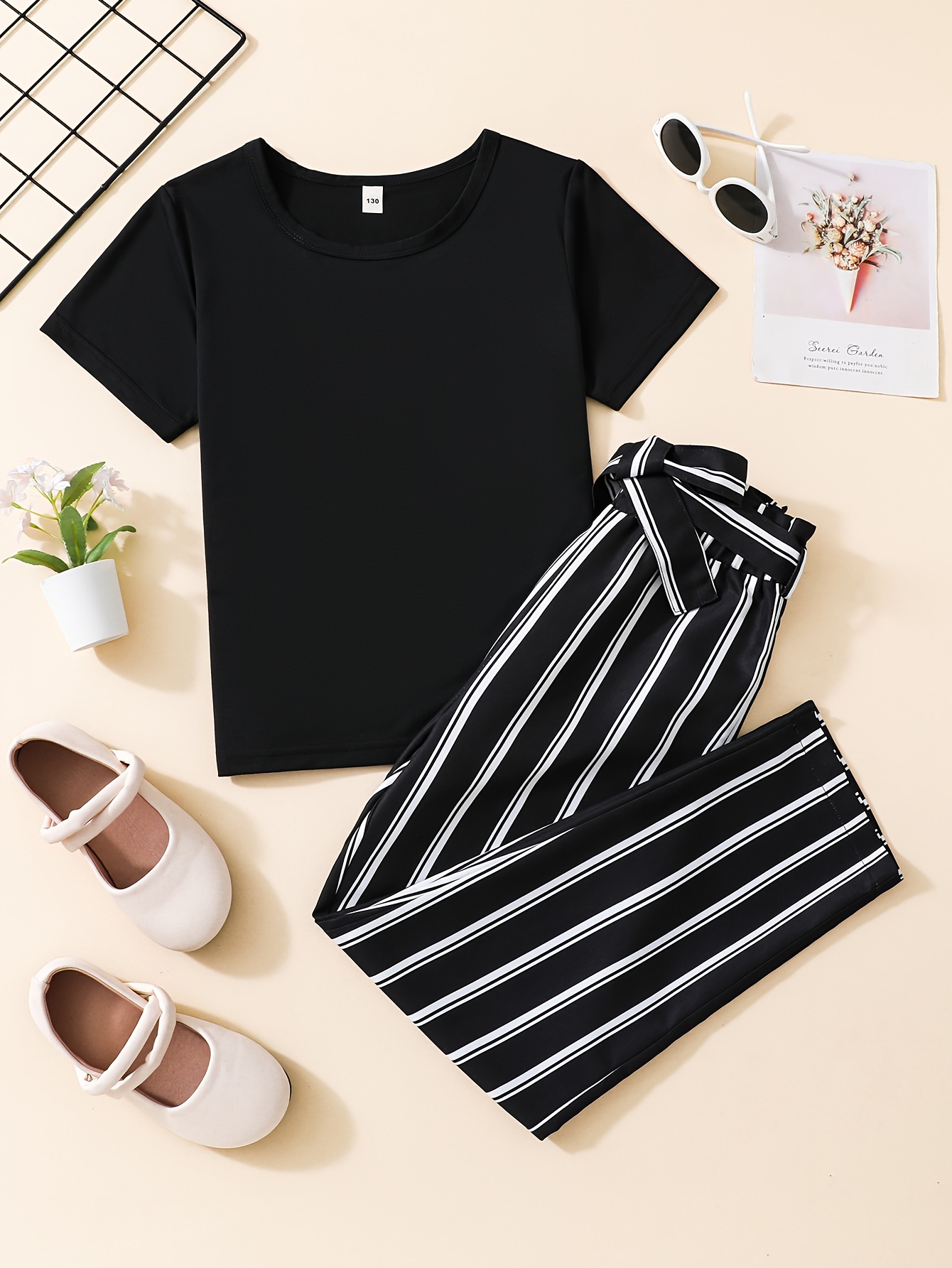 Girls Casual Trendy Set With Striped Flared Top Pants With - Temu