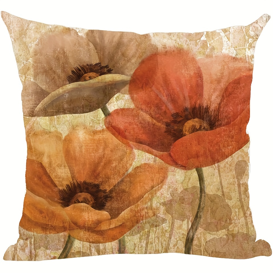 

1pc Ink Painting Watercolor Retro Poppy Flowers Decorative Throw Pillow Cover Case Home Living Room Bed Sofa Car Square Short Plush Decor 18x18 Inch