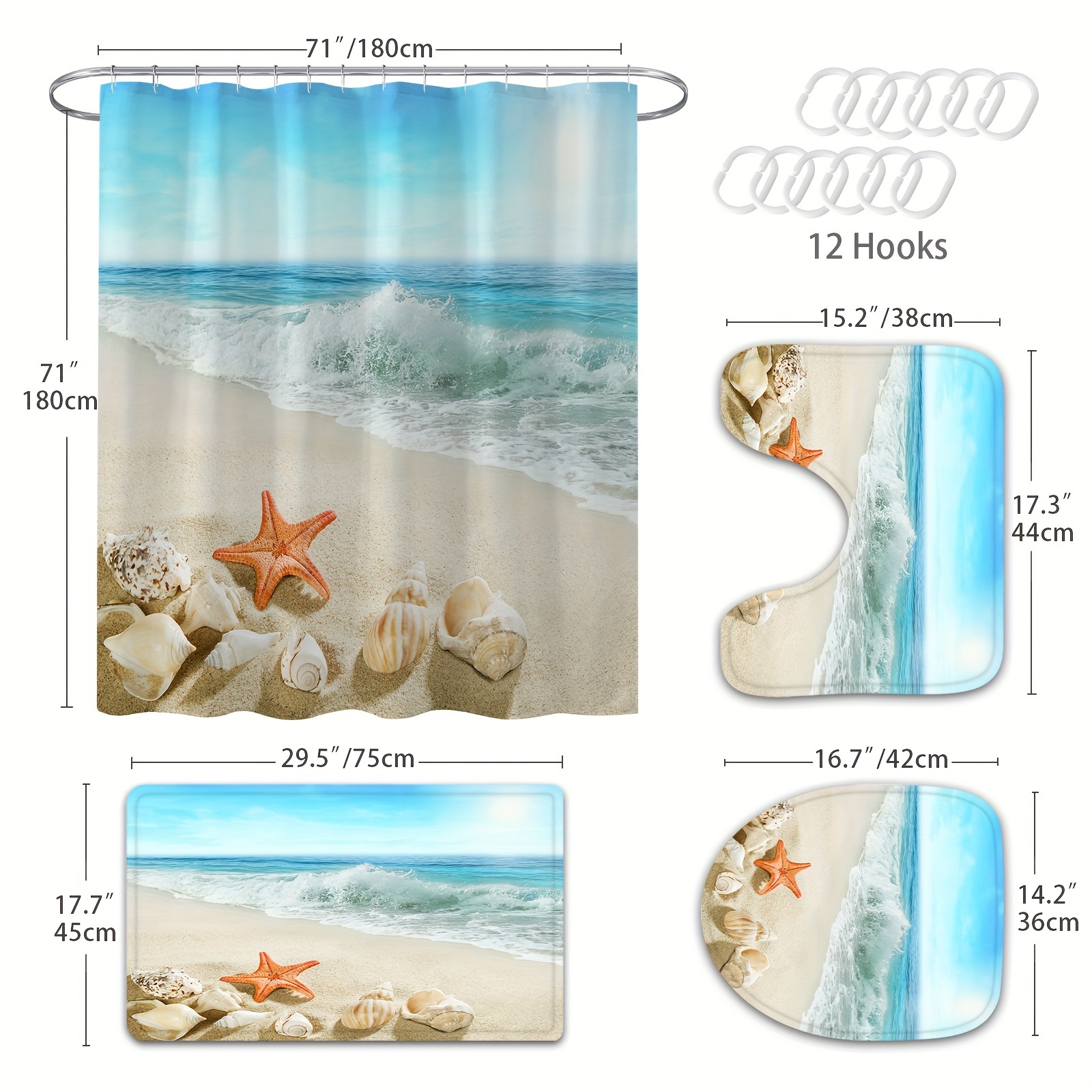 Beach Shell Seaside Shower Curtain Set Blue Sea Wave Bath - Temu
