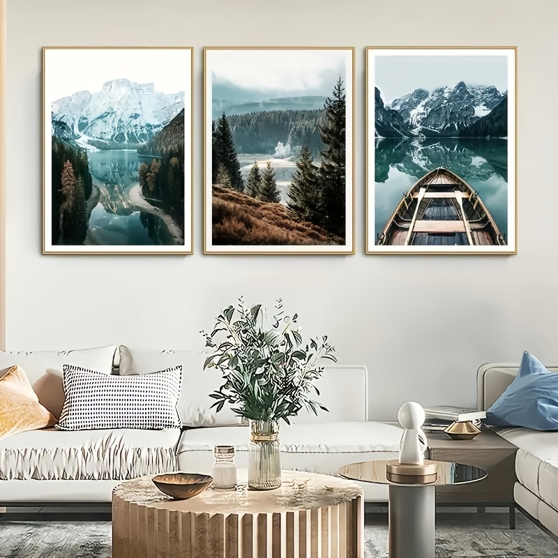  Cuadros decorativos modernos, 3 paneles, paisaje nórdico de  montaña, lienzo enmarcado, cuadros listos para colgar para decoración del  hogar, oficina, decoración de pared, lienzo natural, arte de pared, un gran  regalo