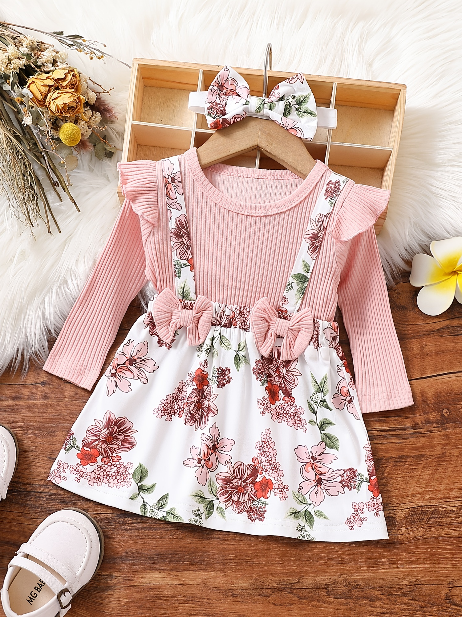 Pink Bows Print Dress Set