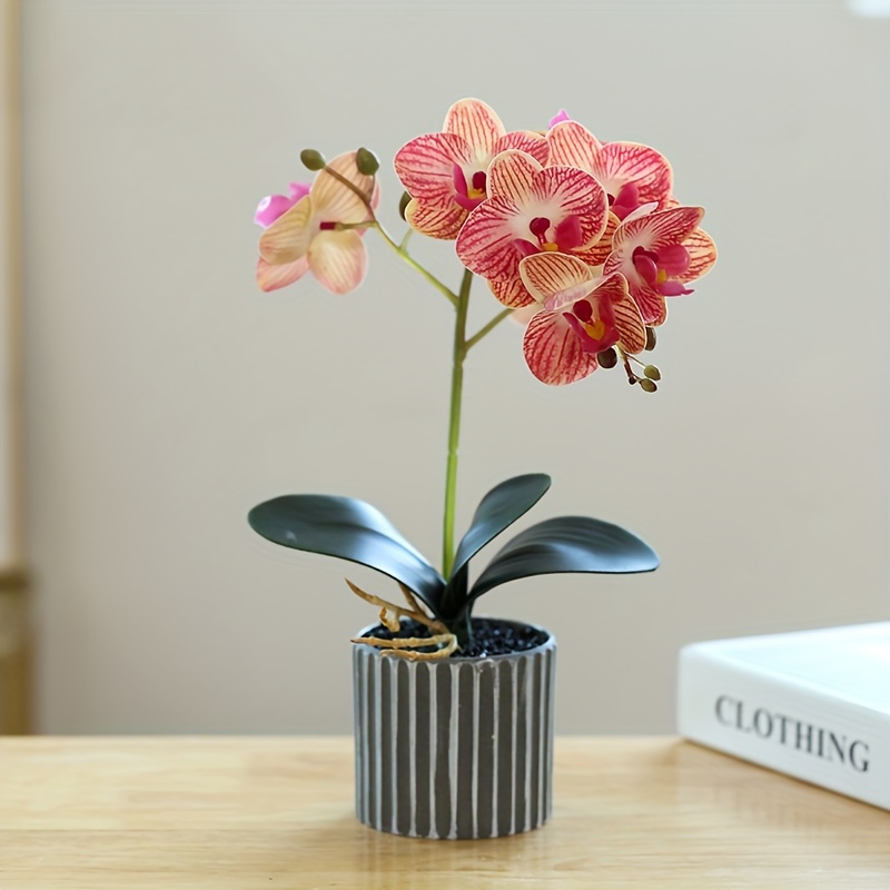Elegant 8-flower Phalaenopsis Orchid Bonsai - Lifelike Artificial Potted Plant For Home Decor, Includes Pot