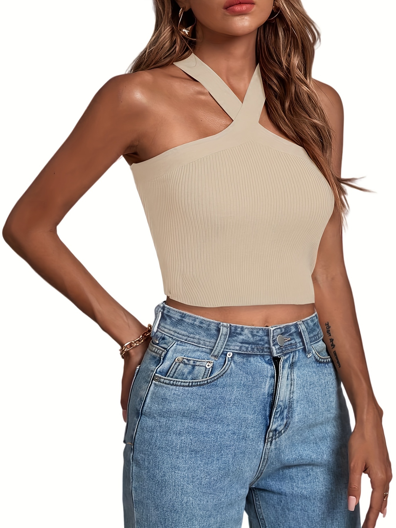 Women Knitted Crop Tops Off Shoulder Halter Tanke Top Ladies built