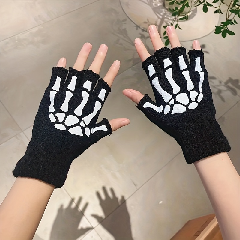 Gants lumineux fluorescents, motif os de main/crâne amusant pour Halloween,  gants demi-doigts chauds pour l'hiver pour les costumes de cosplay pour le