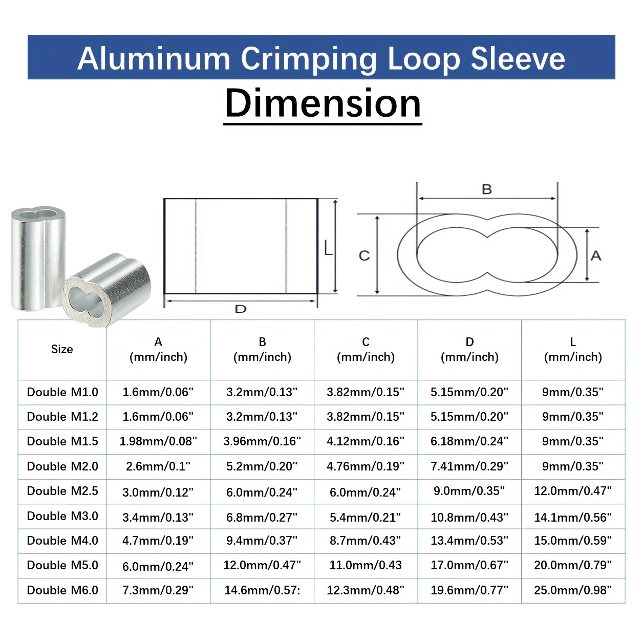 Crimps Aluminum Double Oval Bag of 1,000 1.5mm-3.5mm