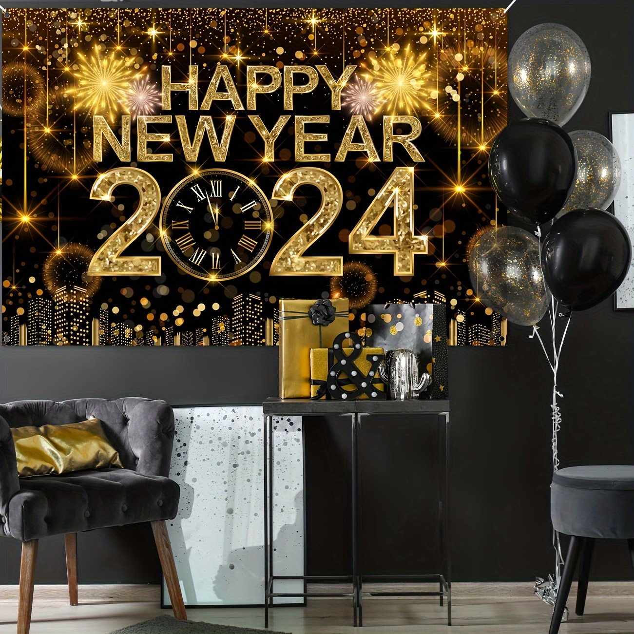 New Year's Eve Black Gold Party Decoration 2024 New Year's - Temu