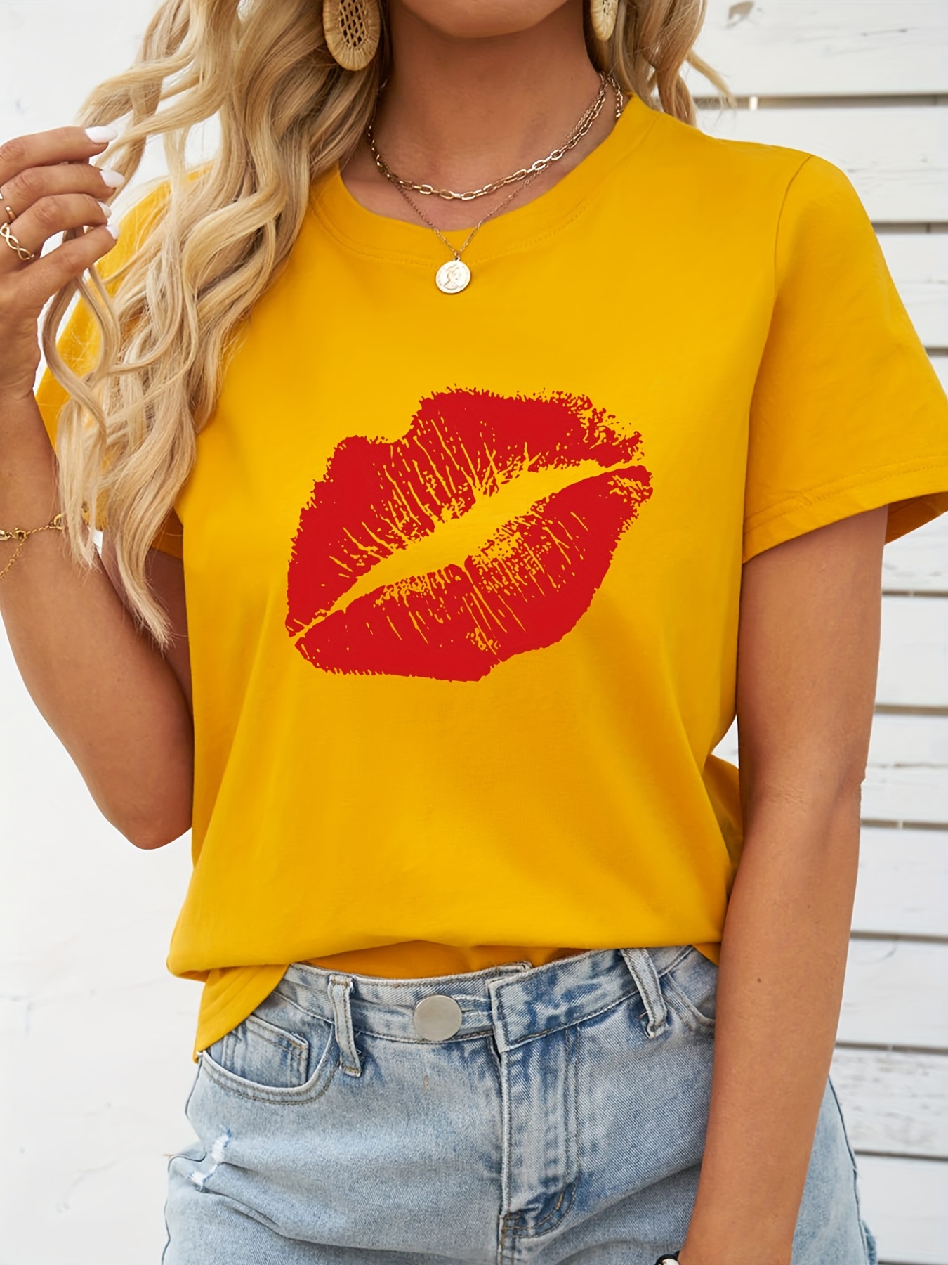 Red Lips Print T shirt Summer Short Sleeve Casual Top - Temu