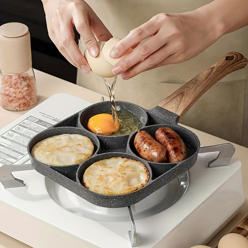 

1pc Fry Pan For Egg, Non Stick Pancake Pan, 4/2 Cups, Aluminium Alloy Pancake Pan Cooker For Breakfast Or Steak, Egg Burger Pan With Wooden Handle, Gas Stove & Induction Compatible