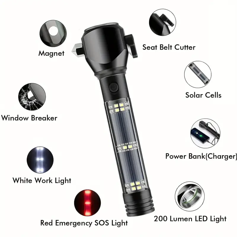 Solar Powered Multifunctional Flashlight, Super Bright Flashlight For Car Maintenance, Aluminum Alloy Warning Light With Light Flashing And Alarm Function details 1