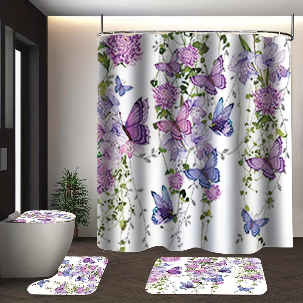 4 PCS Floral Lavender Shower Curtain Sets with Non-Slip Rugs