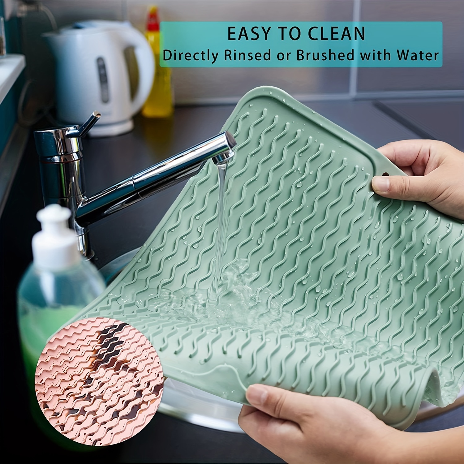 Silicone Dish Drying Mat With Built-in Drain Lip, Easy Clean
