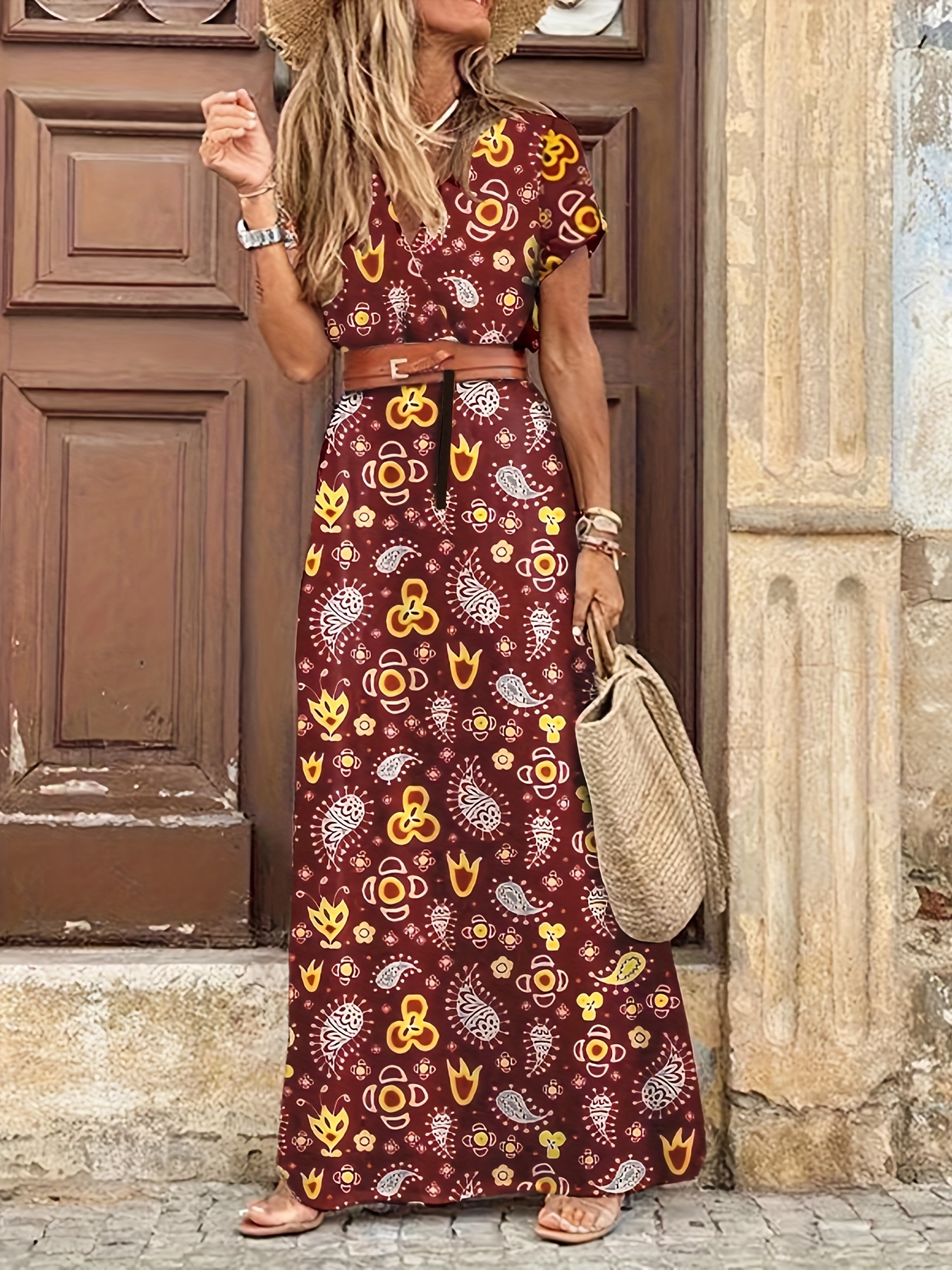 Auroural Womens Dresses Clearance Women's Boho Summer Printed Short Sleeve  Smocked Flowy Tiered Party Dress Beach Maxi Dress 