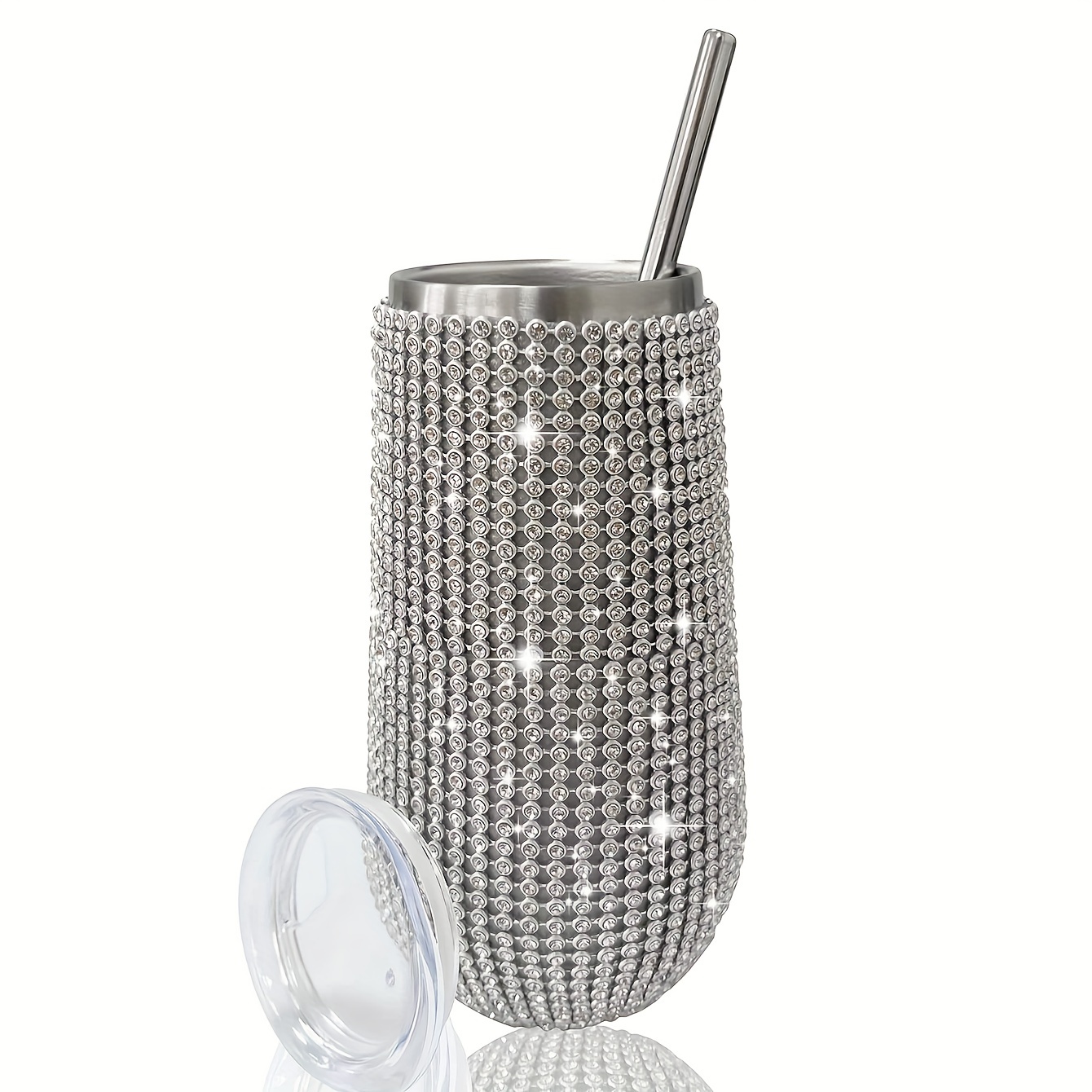 Stainless Steel Rhinestone Tumbler With Straw And Handle - Temu