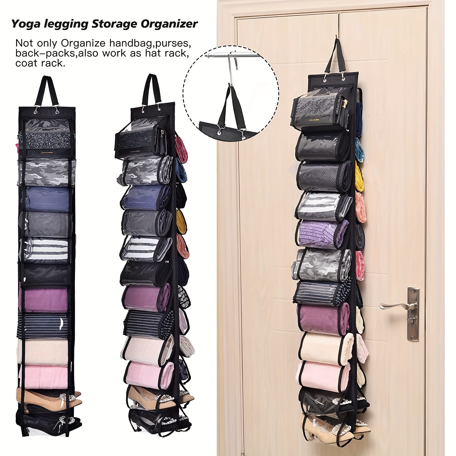  2 Pack Legging Hanging Storage Organizer, HUNTALG Yoga Leggings  Space Saving Bag Storage Hanger with 24 Compartment, Foldable Clothes  Closets Roll Holder for T-Shirt, Towel, Legging, Jean (Black) : Home 