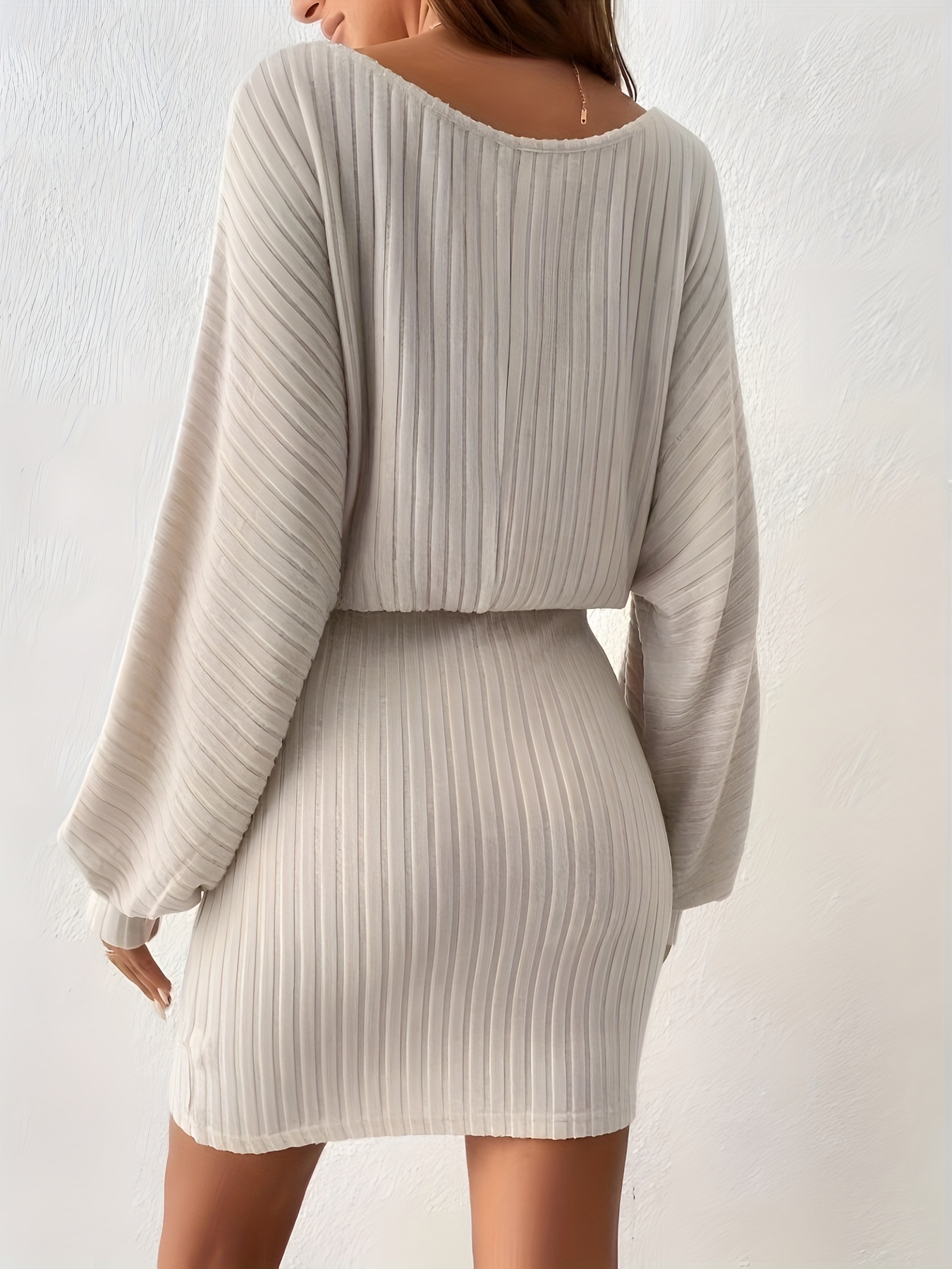 Ribbed Knit Batwing Sleeve Dress Elegant Crew Neck A line - Temu