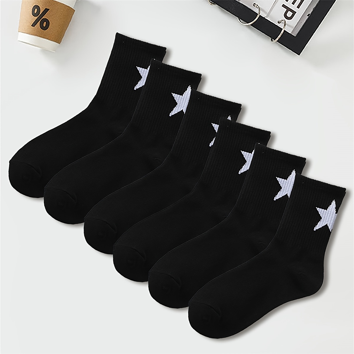 

6 Pairs Star Print Socks, Simple & Breathable Mid Tube Socks, Women's Stockings & Hosiery