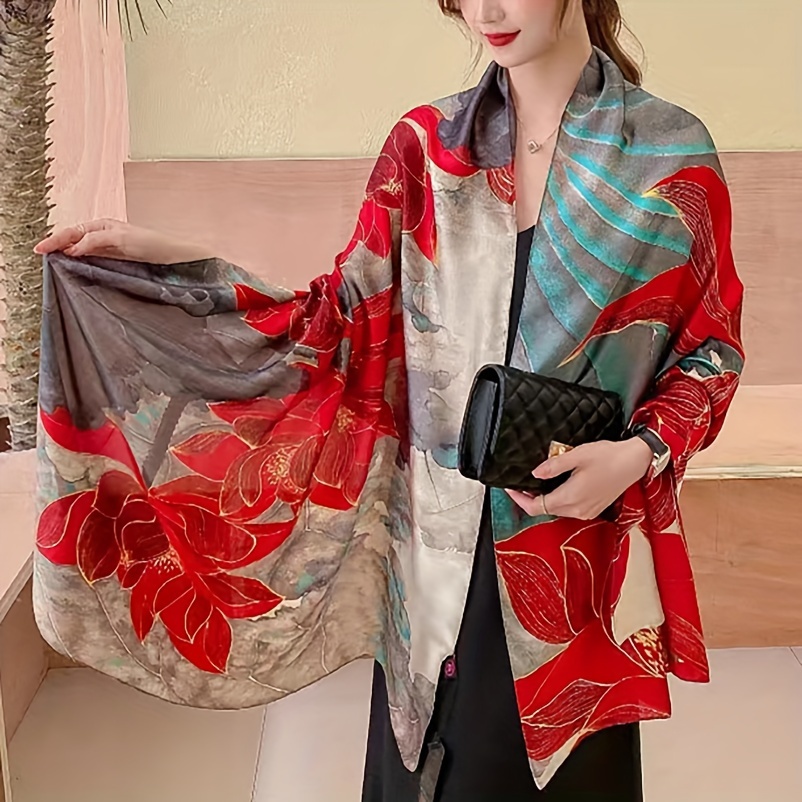 

Stylish Satin Flower Printed Scarf Women's Elegant Thin Silky Shawl Travel Sunscreen Decorative Beach Towel