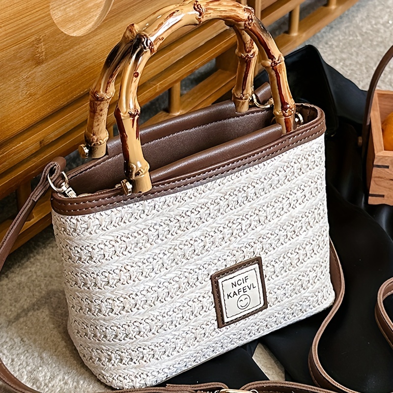Small White Two Tone Double Handle Straw Bag Vacation