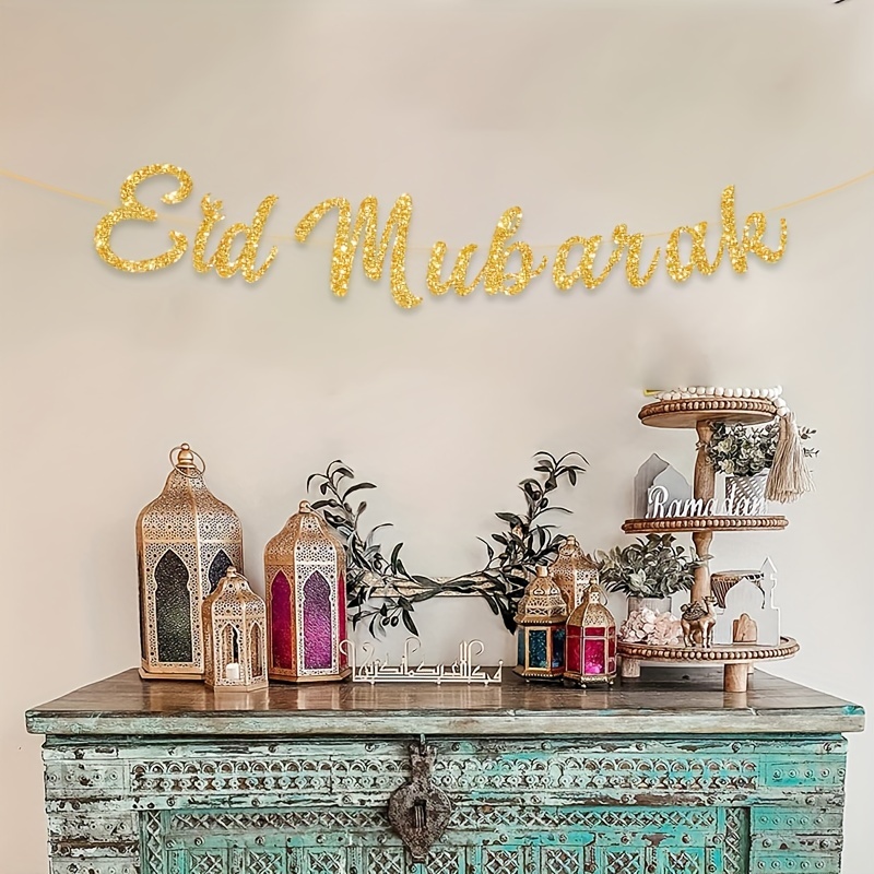 Blue Glitter Ramadan Mubarak Banner Eid Mubarak Decoration, Muslim