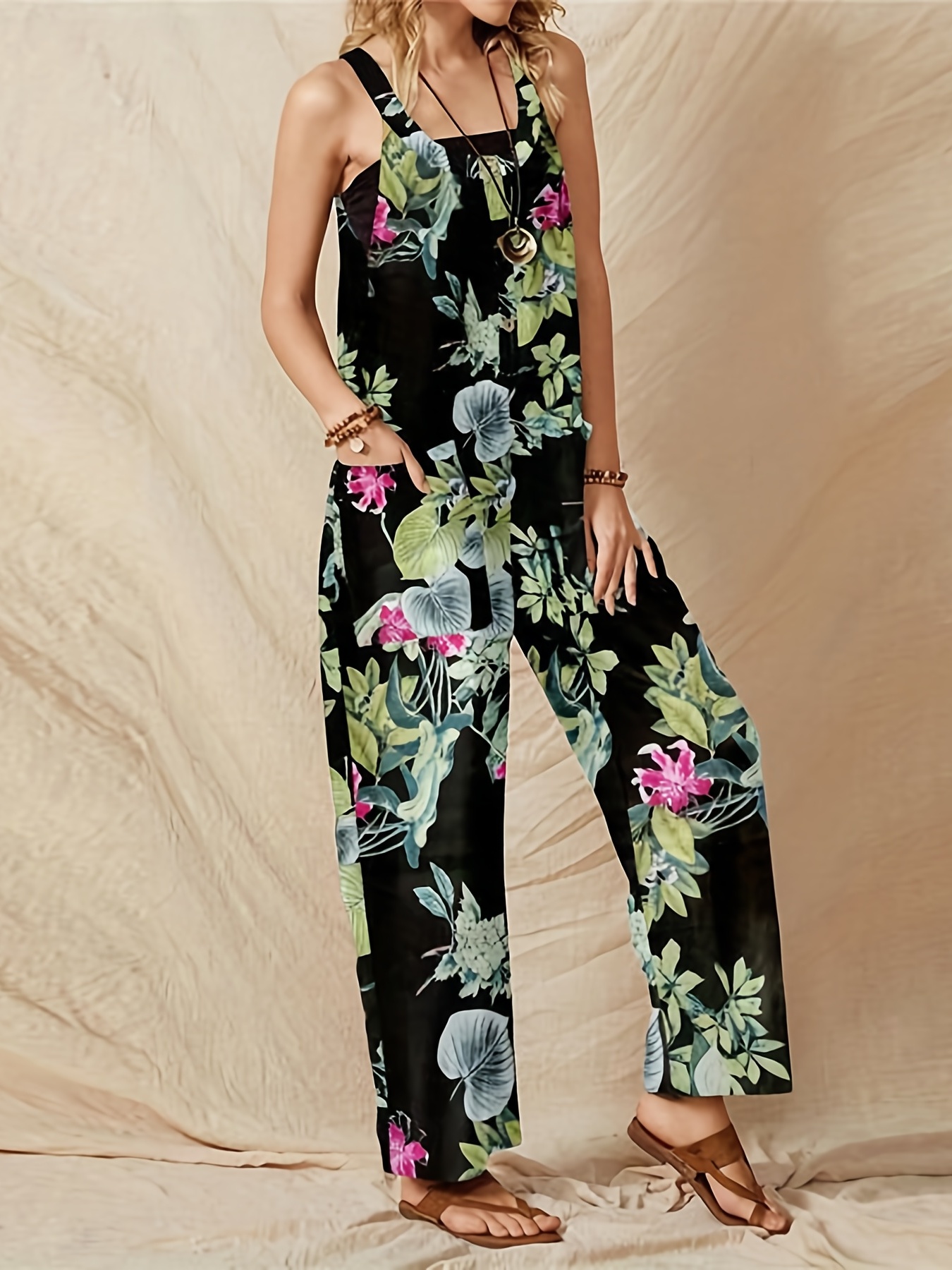 Women Boho Floral Sleeveless Jumpsuit Palazzo Wide Leg Pants