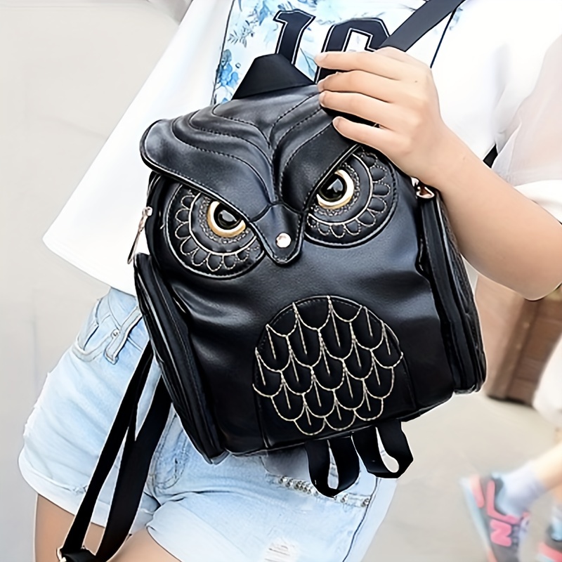 Trendy Owl Travel Backpack Pu Leather Zipper Knapsack Temu