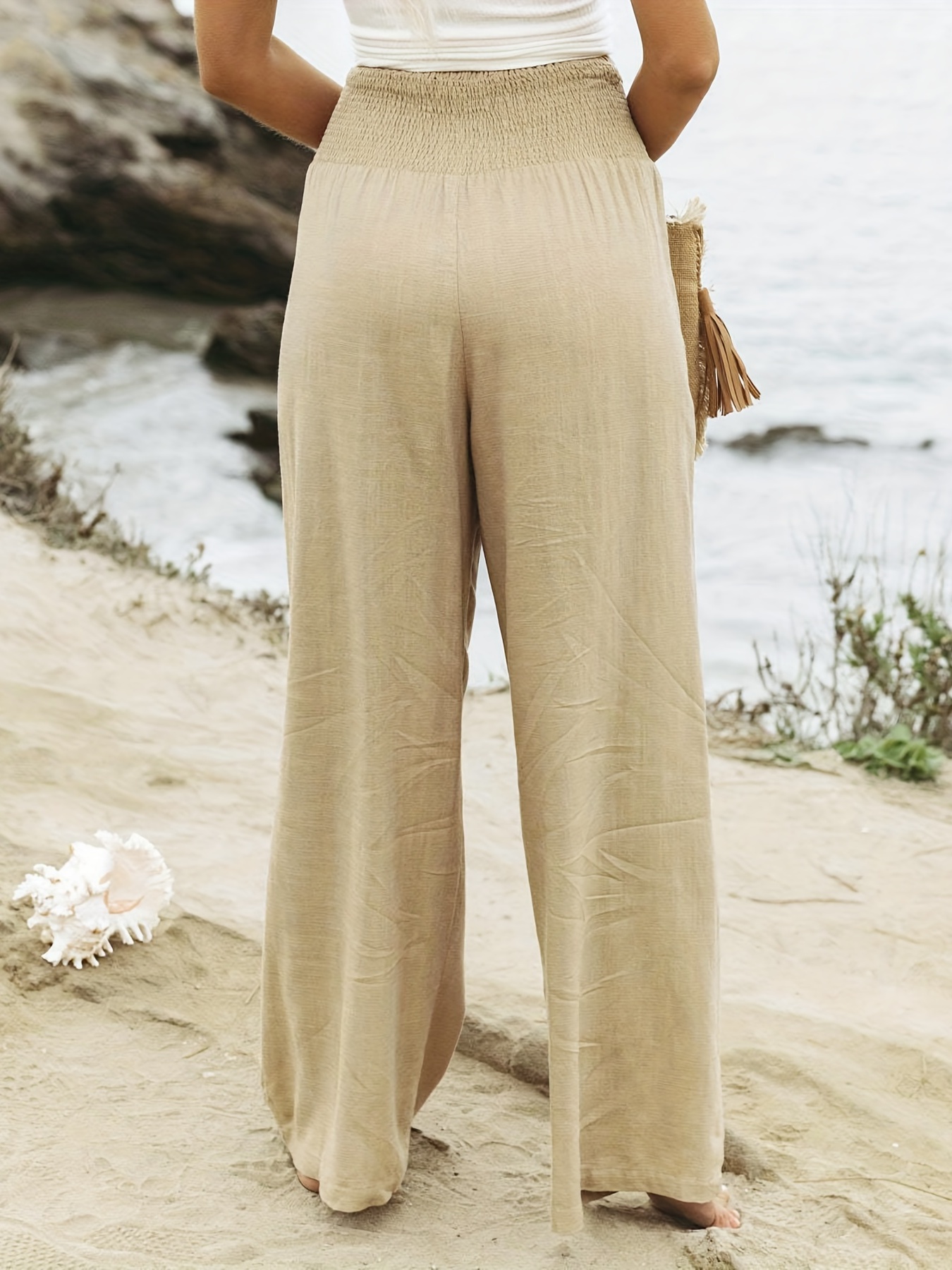 High Waist Wide Leg Pants Solid Beach Casual Pants Women's - Temu