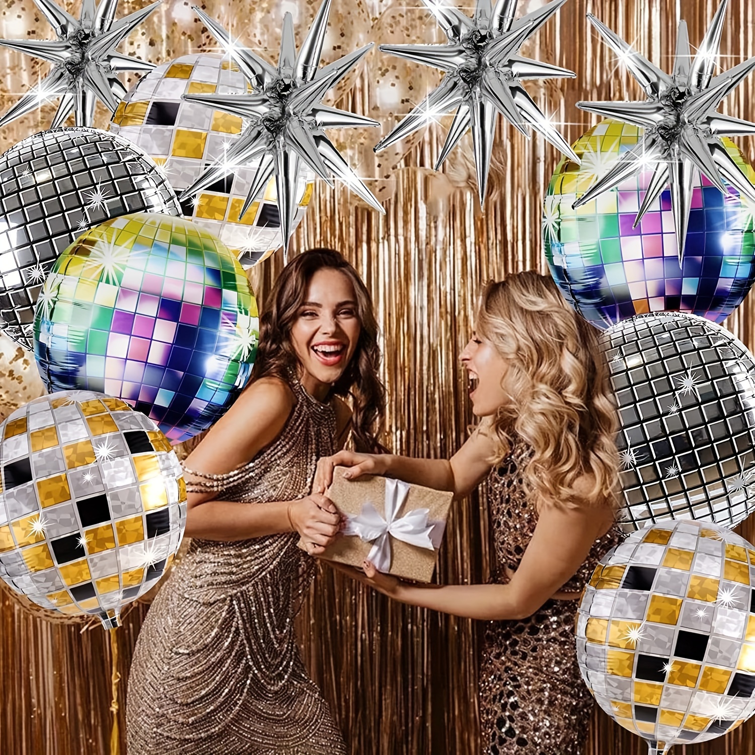 12 Pcs Disco Ball Balloons, Huge Gold Explosion Star Aluminum Foil Balloons  for Birthday, Bachelorette Party, 70s 80s 90s Theme Disco Party