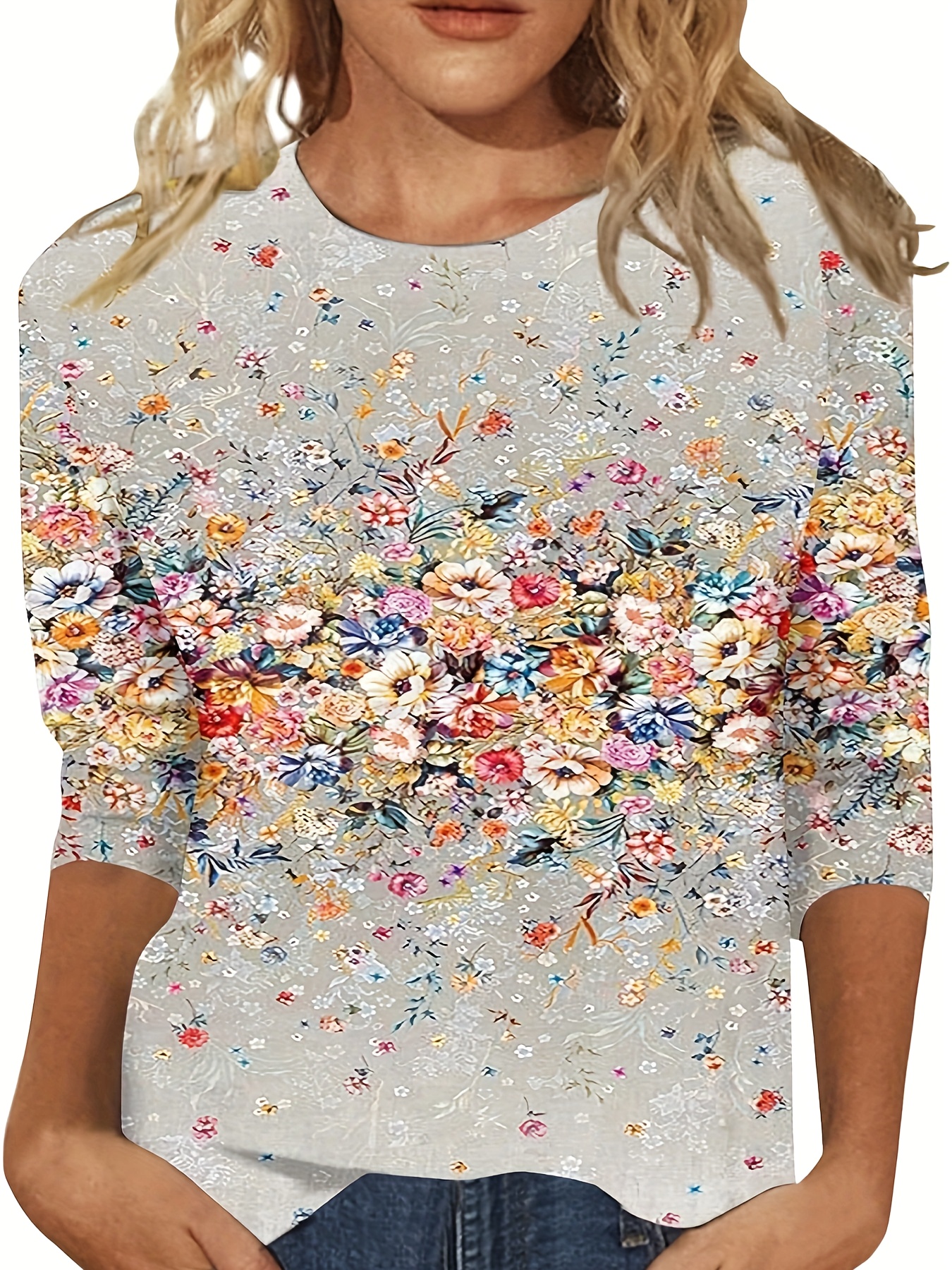 floral print crew neck t shirt elegant long sleeve pullover t shirt for spring fall womens clothing